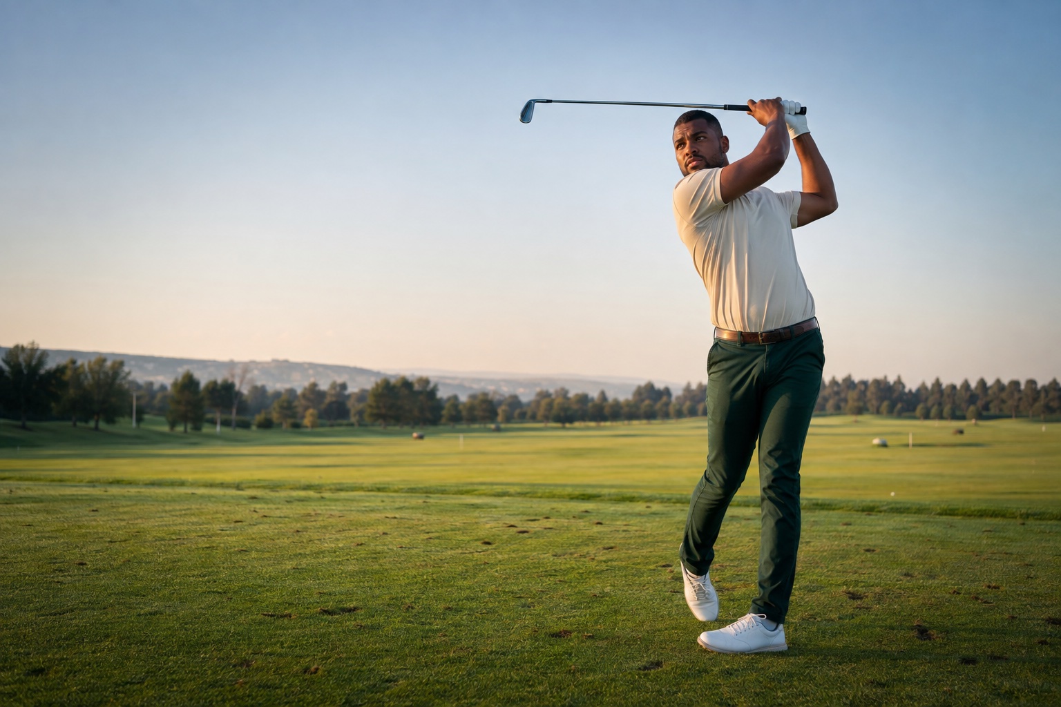 Illustrative image of a golfer practising an iron shot on a sunlit driving range.